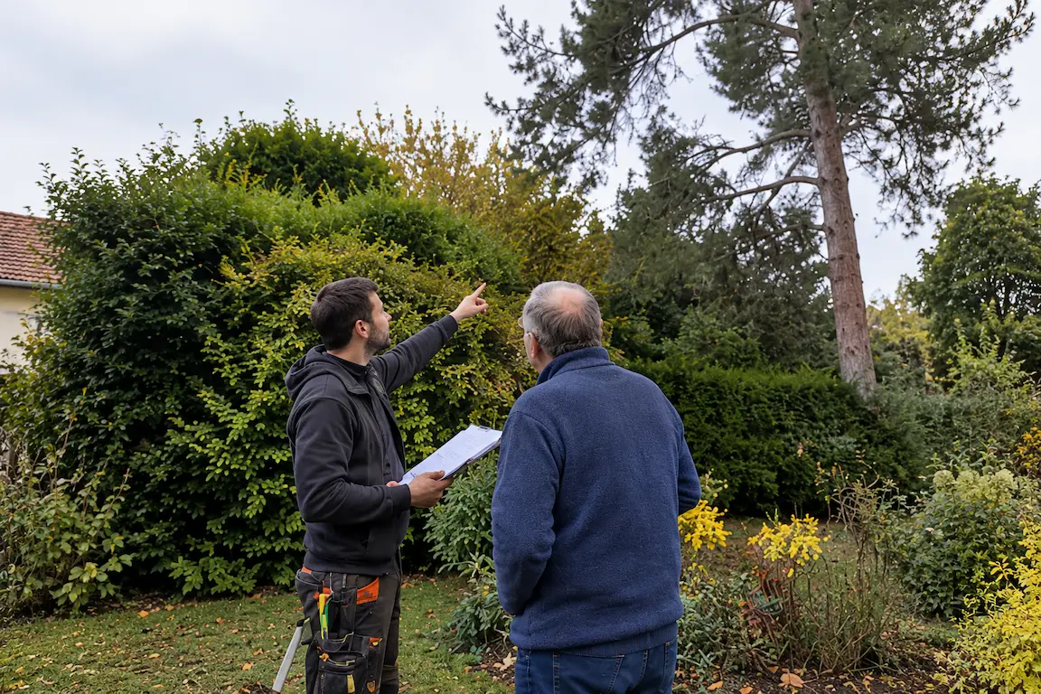 Artisan et client qui regardent un arbre en discutant